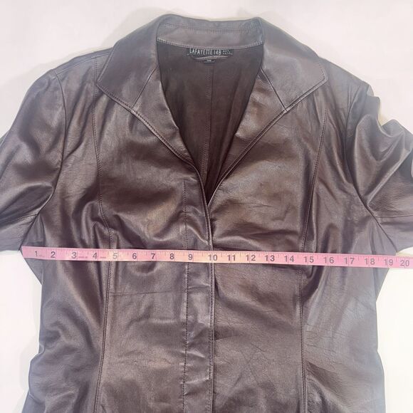 Lafayette 148 Burgundy Soft Leather Belted Jacket Fitted Buttons Collar Women 14 - Picture 5 of 11
